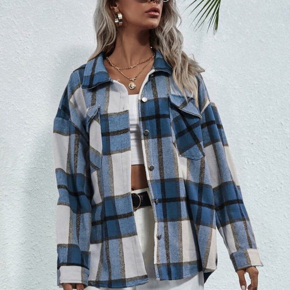 Boyfriend Fit Plaid Jacket oversized button pocket - Picture 4 of 12